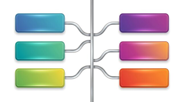 Six colorful rectangular cards connected to a central vertical line for business presentation
