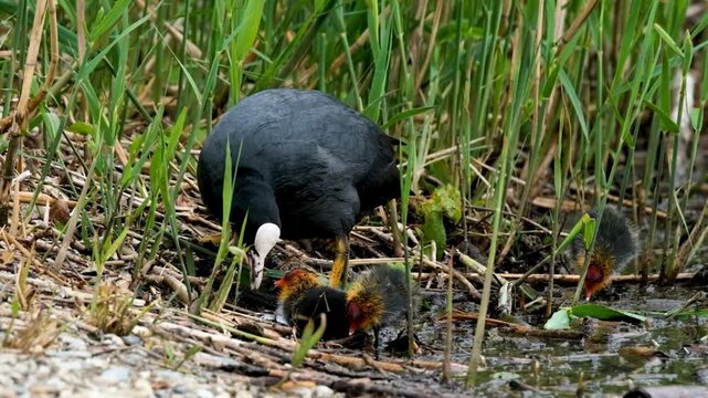 Red galled coot foraging among reeds with chicks in wetland habitat