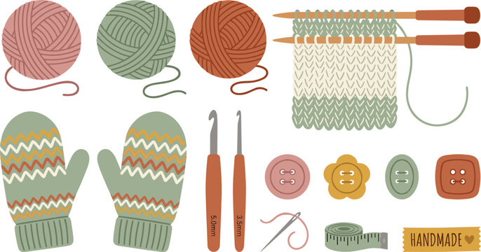 Knitting and sewing craft collection featuring yarn balls needles mittens buttons and handmade textile accessories vector set