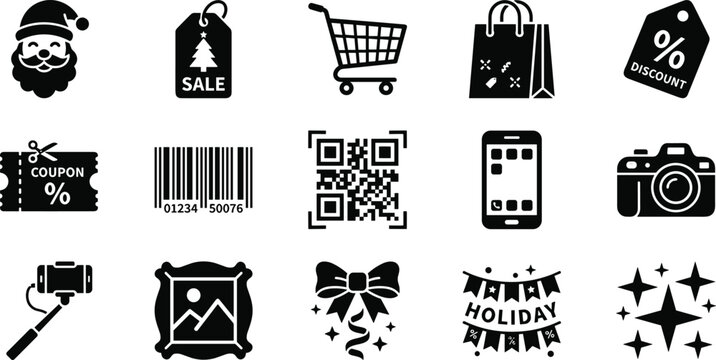 Set of black shopping and christmas holiday icons featuring santa claus, gift tag, shopping cart, discount coupon, barcode, qr code, smartphone, camera, photo frame, festive bow and star elements
