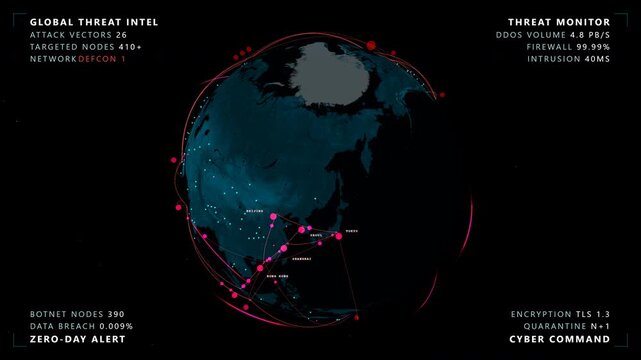 Fast-paced pull back revealing a cyber warfare globe featuring a glowing cyan and magenta digital earth with threat vectors inside a the entire northern hemisphere network, panoramic view.