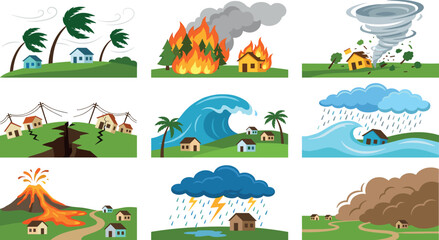 Naklejka premium Natural Disasters Vector Illustration Set with Earthquake Wildfire Hurricane Tsunami Tornado Volcano and Flood Scenes for Emergency Safety Educational Designs
