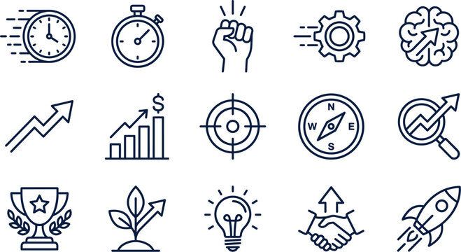 Business growth and productivity line icon set featuring rocket, target, handshake, trophy, lightbulb idea, strategy charts, and startup development vector concept symbols
