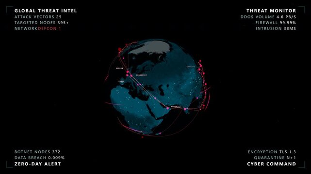 Vertical 90 degree orbital pass observing a cyber warfare globe featuring a glowing cyan and magenta digital earth with threat vectors inside a meridian data points, panoramic view.