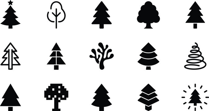 Set of black tree icons representing different forest types and shapes including pine and christmas trees for nature design projects