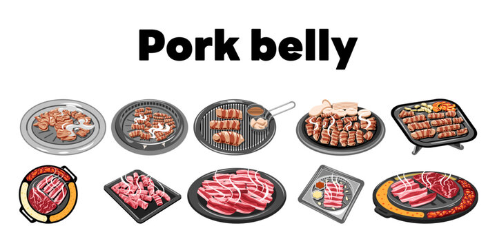 Various cuts of pork belly prepared for grilling and cooking.