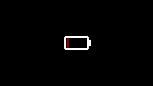 White battery low icon animation on a transparent background. 4k video