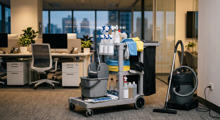 Cleaning service cart with spray bottles, cloths, vacuum, and supplies in an office area with desks and indoor plants in a clean indoor maintenance setting © skarida