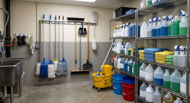 Large janitorial supply room with stocked shelves, cleaning bottles, buckets, mops, and carts for commercial cleaning in a clean indoor maintenance setting