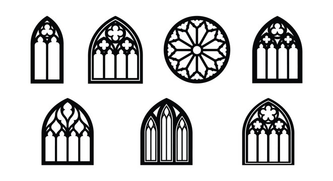 Gothic arch window silhouettes black vector illustration set