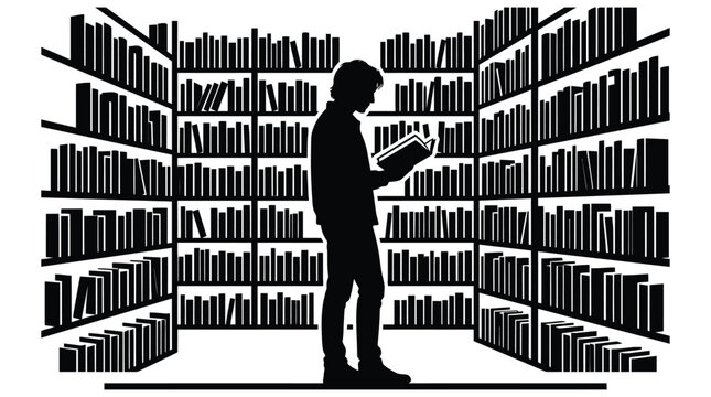Silhouette Of Reader In Library Surrounded By Bookshelves