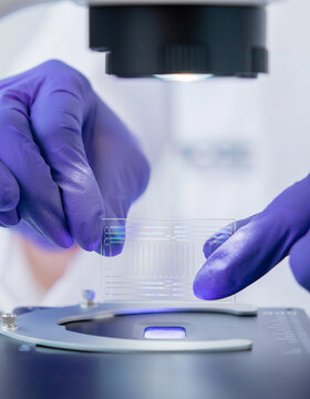 Lab technician in purple gloves aligning a transparent microfluidic lab on a chip slide under microscope