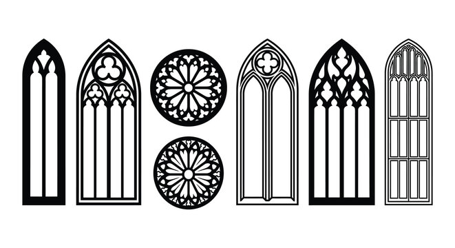 Gothic arch window silhouettes black vector illustration set