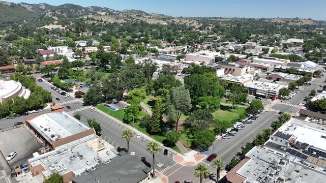 Paso Robles, California, USA - Drone View of Small Town Downtown Vineyards, Wineries, and Central Coast Wine Country