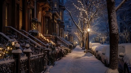 Obraz premium Verschneite Wohnstraße mit beleuchteten Brownstones in den USA bei Nacht – ruhige Winterstimmung rund um Silvester, ideal für Stadtleben, Nachbarschaft und Saisonthemen.