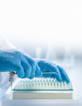 Biotech engineer aligning multiple microfluidic capillary test tubes on a lab matrix grid platform