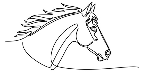 Continuous single line drawing of a horse head profile with a flowing mane in a simple minimalist art style © Radha