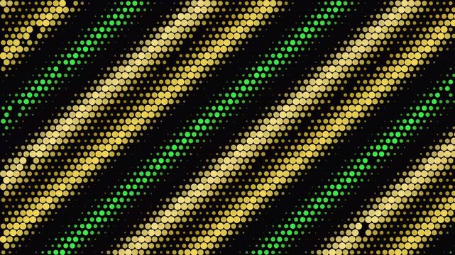 Abstract Geometric Pattern: A striking abstract design composed of shimmering golden and emerald green dots arranged in diagonal stripes against a dark background.
