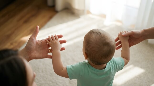 Rear view of baby taking first steps holding parents hands inside bright living room at home