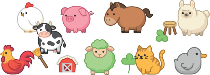 PrintCute kawaii farm animals vector icon set featuring horse, cow, pig, sheep, alpaca, chicken, rooster, cat, duck, and barn for kids graphic designs © MST