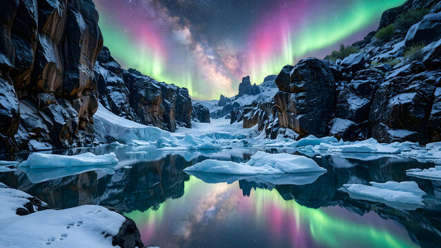 Vibrant aurora borealis dancing over a serene glacial lake, reflecting spectacular colors amidst rugged mountains and icy floes under a dramatic night sky