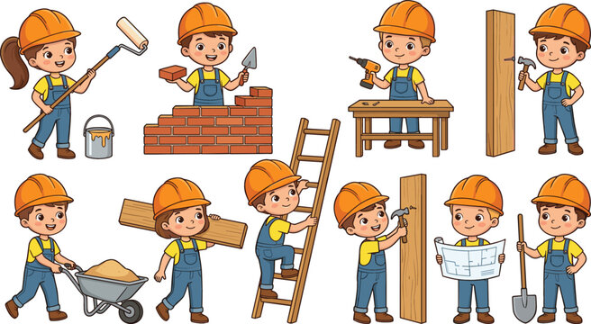 Cute kids builders vector collection with children cartoon construction workers characters holding tools and wearing hard hats isolated on white background