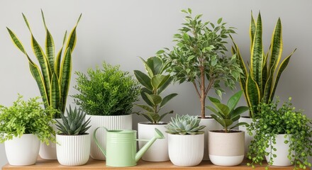 Fototapeta premium Collection of Various Green Houseplants in White Ceramic Pots with a Green Watering Can on a Wooden Shelf