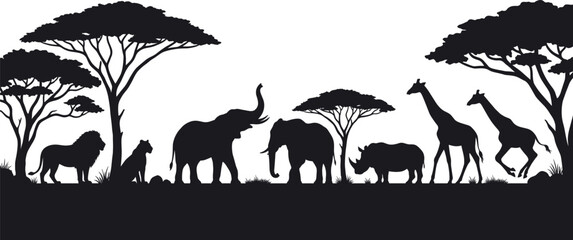 African safari wildlife silhouettes, savanna landscape with elephant giraffe lion rhino acacia trees, wild animals nature graphic elements border © MstSumi