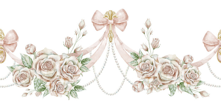 Watercolor seamless Border with pastel pink roses, bows and pearls. Illustration of floral pattern in romantic vintage style for wedding invitations, stationery, packaging and feminine frames.