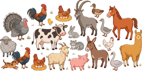 Fototapeta premium Cute farm animals vector collection featuring domestic livestock cow horse pig sheep goat and poultry isolated on white background flat cartoon illustration