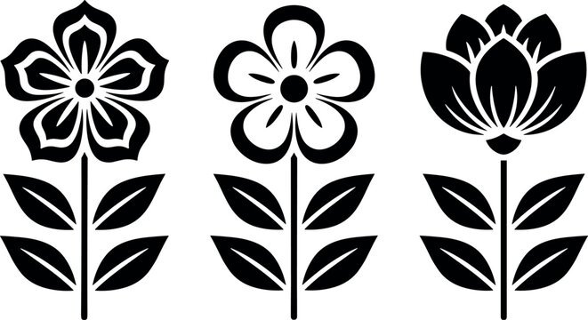 Black and white floral silhouette vector set featuring three blooming flower icons with stems and leaves for stencils stamps or laser cutting