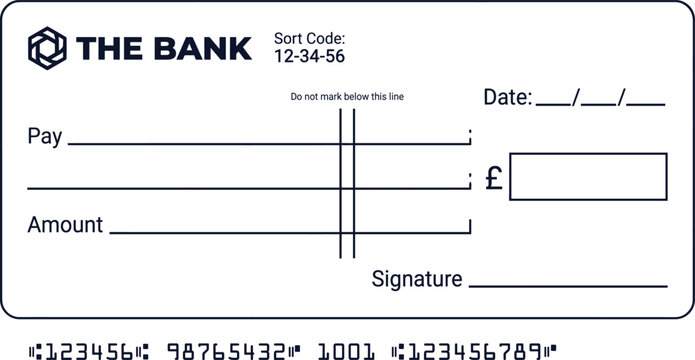 Blank British bank cheque template, realistic corporate checkbook layout with pound sign, sort code line and signature space