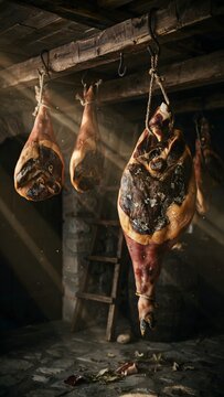 Hanging cured meats in a rustic butcher shop with wooden beams and natural light