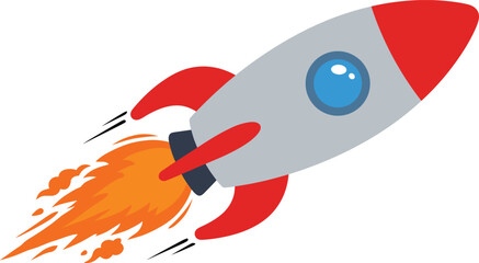Cartoon rocket spaceship launching, space ship blast off with fire flame exhaust, startup business success concept icon isolated white background © MstSumi