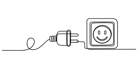 Obraz premium Continuous line drawing of an electric plug and a happy smiley face wall power socket