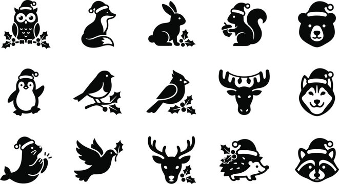 Set of black and white christmas animal icons with santa hats and holly winter elements for holiday design projects