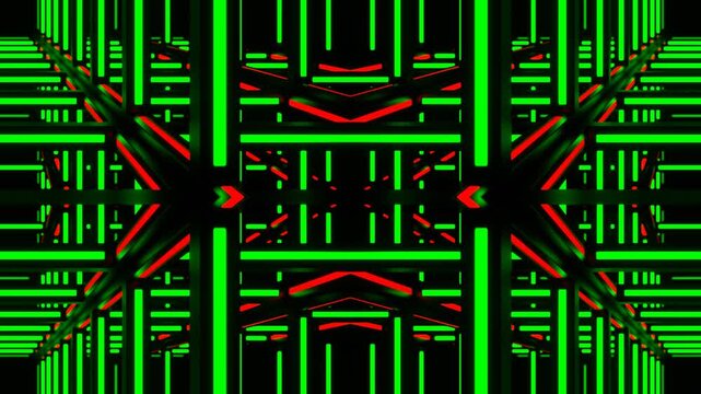 Green and Red Movement Through Neon Frame Kaleidoscope Background VJ Loop in 4K