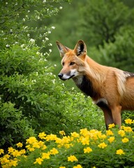 Fototapeta premium A maned wolf genetic hybrid experiment fantasy animal, in a flower filled ridge