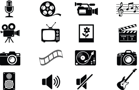 Multimedia icons, audio video photography symbols, cinema movie camera clapperboard, retro television music record, broadcasting entertainment graphic design elements