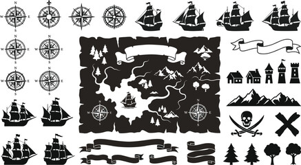 Pirate treasure map elements, vintage nautical compass windrose, sailing ship silhouette, retro ribbon banner castle skull graphic design icons © MstSumi
