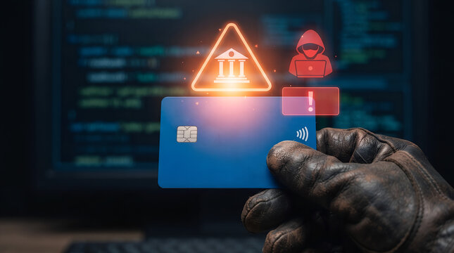 Person wearing leather gloves holding credit card near digital banking security warning icon with security technology internet protection phishing electronic