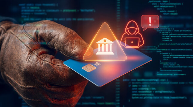 Cropped view of gloved hand holding credit card with bank and hacker hologram, concept of financial data security threat and cyber attack on computer code screen.