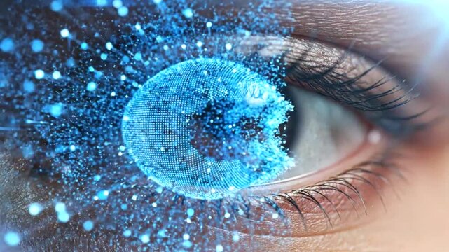 Futuristic digital eye transformation with blue glowing particles and data streaming.