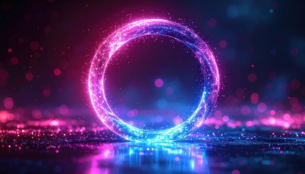 Glowing neon ring of light with shimmering particles against a dark, bokeh background