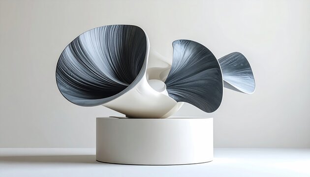 Abstract sculpture with swirling, flowing forms on a pedestal