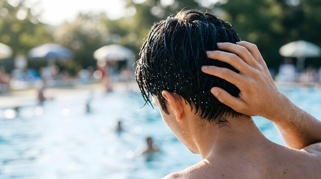 Rear view of young man running hand through wet hair after swimming in outdoor pool during hot summer day