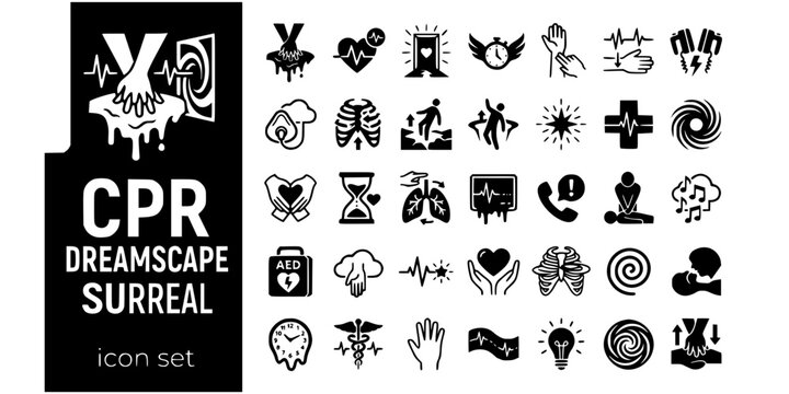 CPR Dreamscape Surreal Black White-Melting Hands Rhythm Float Portal Life-Surreal Resus Vector-Dream Icon Surreal-CPR Design Set