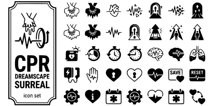 CPR Dreamscape Surreal Black White-Melting Hands Rhythm Float Portal Life-Surreal Resus Vector-Dream Icon Surreal-CPR Design Set