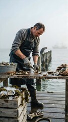 Fototapeta premium Man working on oyster harvesting at waterfront dock in foggy harbor setting