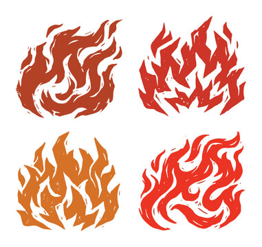 Abstract fire flames illustration set, hand-drawn textured red and orange designs for logo elements, warning signs, hot topic symbols